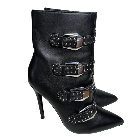 Steve Madden Daryl Heeled Bootie Black Leather Side Zip Buckle Accent Size 7.5 - Picture 2 of 14